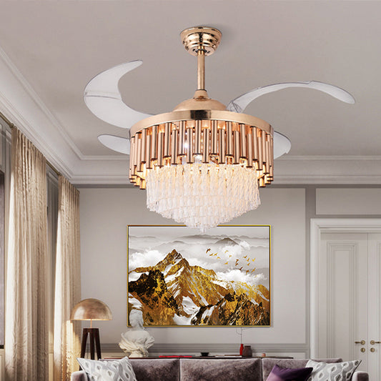 Pipe Ceiling Fan Light Modern Crystal Gold Led Flush Light with Remote Control/Frequency Conversion for Living Room Gold Clearhalo 'Ceiling Fans with Lights' 'Ceiling Fans' 'Modern Ceiling Fans' 'Modern' Lighting' 271950