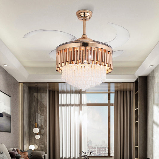 Pipe Ceiling Fan Light Modern Crystal Gold Led Flush Light with Remote Control/Frequency Conversion for Living Room Clearhalo 'Ceiling Fans with Lights' 'Ceiling Fans' 'Modern Ceiling Fans' 'Modern' Lighting' 271952