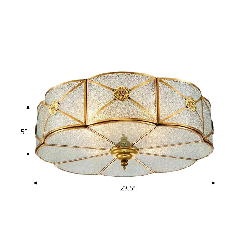Colonialism Scallop Ceiling Mounted Light 3/4/6 Bulbs Seeded Glass Flush Mount Chandelier in Brass for Bedroom Clearhalo 'Ceiling Lights' 'Close To Ceiling Lights' 'Close to ceiling' 'Flush mount' Lighting' 271974