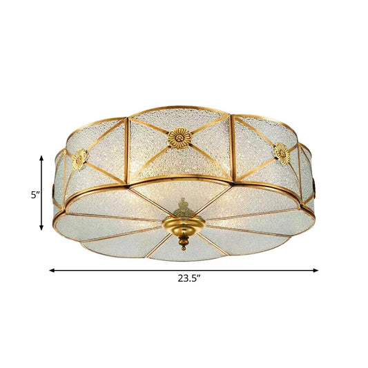Colonialism Scallop Ceiling Mounted Light 3/4/6 Bulbs Seeded Glass Flush Mount Chandelier in Brass for Bedroom Clearhalo 'Ceiling Lights' 'Close To Ceiling Lights' 'Close to ceiling' 'Flush mount' Lighting' 271974