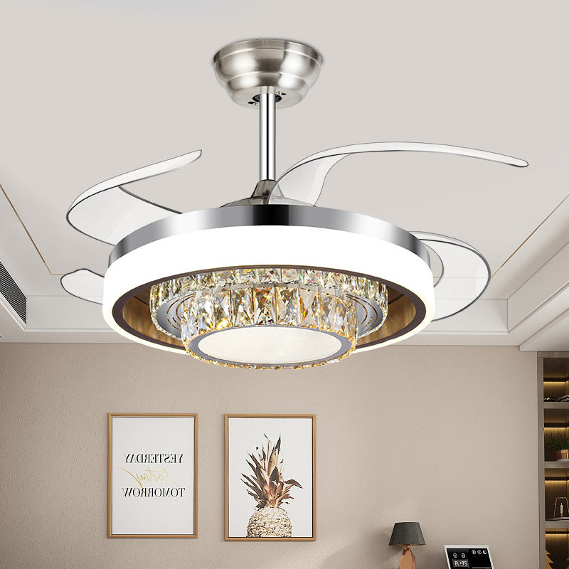 Round Faceted Crystal Ceiling Fan Light Modernism Silver Led Flush Mount Fixture with Remote Control/Frequency Conversion Silver A Clearhalo 'Ceiling Fans with Lights' 'Ceiling Fans' 'Modern Ceiling Fans' 'Modern' Lighting' 271975