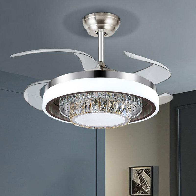 Round Faceted Crystal Ceiling Fan Light Modernism Silver Led Flush Mount Fixture with Remote Control/Frequency Conversion Clearhalo 'Ceiling Fans with Lights' 'Ceiling Fans' 'Modern Ceiling Fans' 'Modern' Lighting' 271976