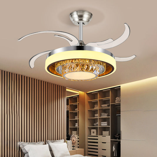Round Faceted Crystal Ceiling Fan Light Modernism Silver Led Flush Mount Fixture with Remote Control/Frequency Conversion Clearhalo 'Ceiling Fans with Lights' 'Ceiling Fans' 'Modern Ceiling Fans' 'Modern' Lighting' 271977