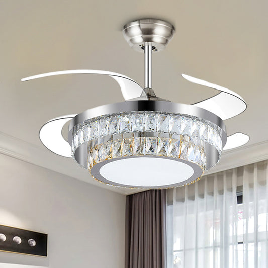 Round Faceted Crystal Ceiling Fan Light Modernism Silver Led Flush Mount Fixture with Remote Control/Frequency Conversion Silver B Clearhalo 'Ceiling Fans with Lights' 'Ceiling Fans' 'Modern Ceiling Fans' 'Modern' Lighting' 271981