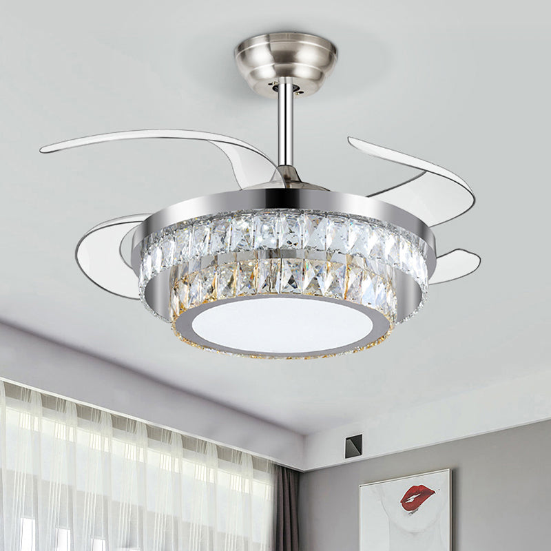Round Faceted Crystal Ceiling Fan Light Modernism Silver Led Flush Mount Fixture with Remote Control/Frequency Conversion Clearhalo 'Ceiling Fans with Lights' 'Ceiling Fans' 'Modern Ceiling Fans' 'Modern' Lighting' 271982