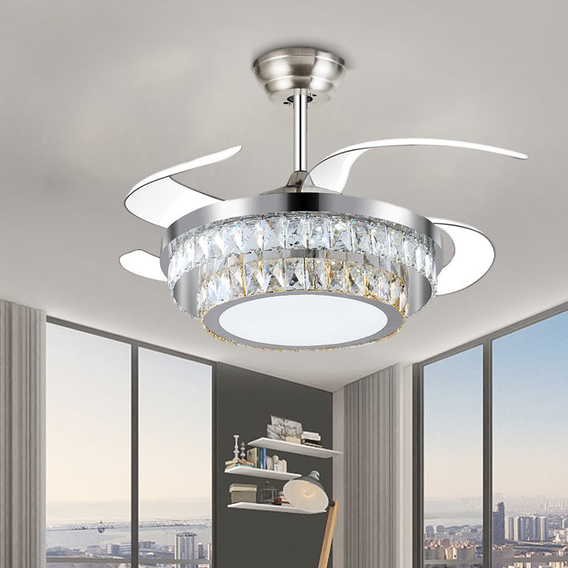 Round Faceted Crystal Ceiling Fan Light Modernism Silver Led Flush Mount Fixture with Remote Control/Frequency Conversion Clearhalo 'Ceiling Fans with Lights' 'Ceiling Fans' 'Modern Ceiling Fans' 'Modern' Lighting' 271983