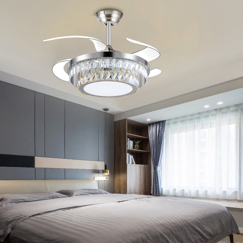 Round Faceted Crystal Ceiling Fan Light Modernism Silver Led Flush Mount Fixture with Remote Control/Frequency Conversion Clearhalo 'Ceiling Fans with Lights' 'Ceiling Fans' 'Modern Ceiling Fans' 'Modern' Lighting' 271984