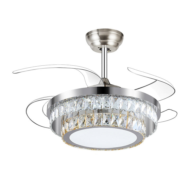 Round Faceted Crystal Ceiling Fan Light Modernism Silver Led Flush Mount Fixture with Remote Control/Frequency Conversion Clearhalo 'Ceiling Fans with Lights' 'Ceiling Fans' 'Modern Ceiling Fans' 'Modern' Lighting' 271985