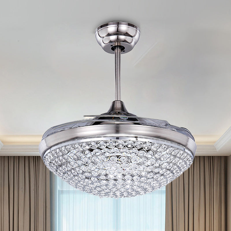 Contemporary Domed Ceiling Fan Light Crystal Led Flush Mount Fixture in Nickel with Remote Control/Frequency Conversion Clearhalo 'Ceiling Fans with Lights' 'Ceiling Fans' 'Modern Ceiling Fans' 'Modern' Lighting' 271989