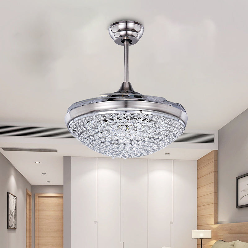 Contemporary Domed Ceiling Fan Light Crystal Led Flush Mount Fixture in Nickel with Remote Control/Frequency Conversion Clearhalo 'Ceiling Fans with Lights' 'Ceiling Fans' 'Modern Ceiling Fans' 'Modern' Lighting' 271990