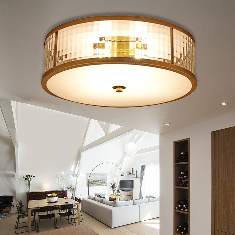 3/4/5 Bulbs Drum Ceiling Mount Colonial Brass Frosted Crystal Glass Flush Light Fixture for Bedroom, 14"/18"/23.5" W Clearhalo 'Ceiling Lights' 'Close To Ceiling Lights' 'Close to ceiling' 'Flush mount' Lighting' 272001