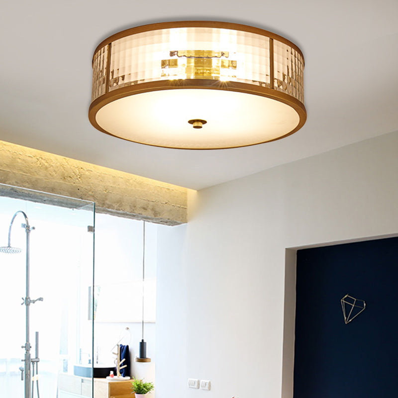 3/4/5 Bulbs Drum Ceiling Mount Colonial Brass Frosted Crystal Glass Flush Light Fixture for Bedroom, 14"/18"/23.5" W Clearhalo 'Ceiling Lights' 'Close To Ceiling Lights' 'Close to ceiling' 'Flush mount' Lighting' 272002