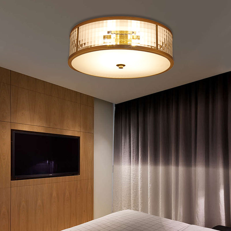 3/4/5 Bulbs Drum Ceiling Mount Colonial Brass Frosted Crystal Glass Flush Light Fixture for Bedroom, 14"/18"/23.5" W Clearhalo 'Ceiling Lights' 'Close To Ceiling Lights' 'Close to ceiling' 'Flush mount' Lighting' 272003