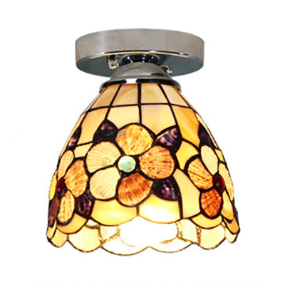 Tiffany Style Domed Ceiling Light Stained Glass 1 Bulb Flush Mount Ceiling Light with Flower Pattern in Black/Chrome Finish Clearhalo 'Ceiling Lights' 'Close To Ceiling Lights' 'Close to ceiling' 'Glass shade' 'Glass' 'Semi-flushmount' 'Tiffany close to ceiling' 'Tiffany' Lighting' 27200