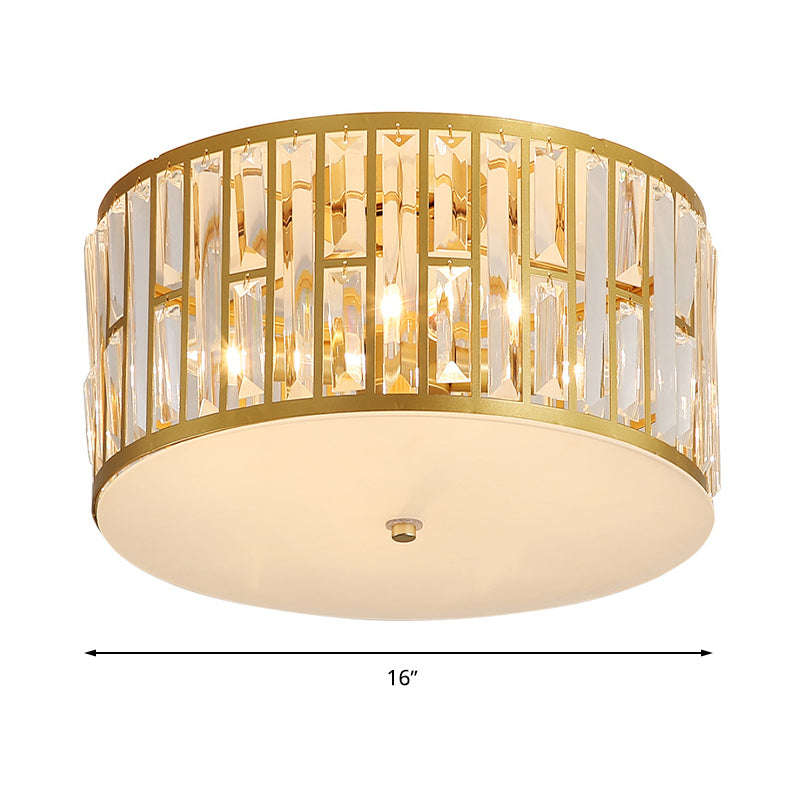 7.5"/16"/22" Wide Drum Flush Mount Modernist Cut Crystal Gold 5 Bulbs Ceiling Mount Light Fixture with Opal Glass Diffuser Clearhalo 'Ceiling Lights' 'Close To Ceiling Lights' 'Close to ceiling' 'Flush mount' Lighting' 272020