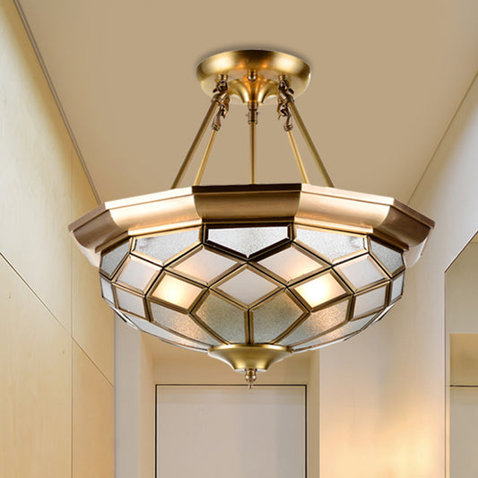 Brass 3/4 Heads Semi Flush Mount Colonialism Sandblasted Glass Dome Ceiling Fixture for Dining Room, 13"/16" W Brass 16" Clearhalo 'Ceiling Lights' 'Close To Ceiling Lights' 'Close to ceiling' 'Glass shade' 'Glass' 'Semi-flushmount' Lighting' 272029