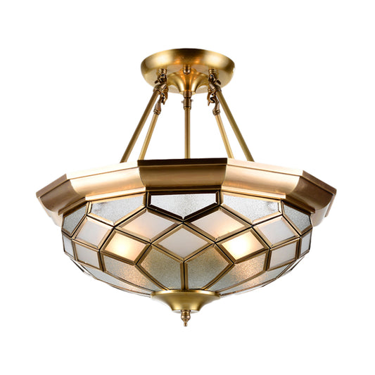 Brass 3/4 Heads Semi Flush Mount Colonialism Sandblasted Glass Dome Ceiling Fixture for Dining Room, 13"/16" W Clearhalo 'Ceiling Lights' 'Close To Ceiling Lights' 'Close to ceiling' 'Glass shade' 'Glass' 'Semi-flushmount' Lighting' 272032