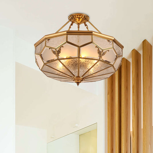 3/4-Light Frosted Glass Semi Flush Light Colonialist Brass Beveled Living Room Close to Ceiling Chandelier, 14"/18" W Brass Clearhalo 'Ceiling Lights' 'Close To Ceiling Lights' 'Close to ceiling' 'Glass shade' 'Glass' 'Semi-flushmount' Lighting' 272052
