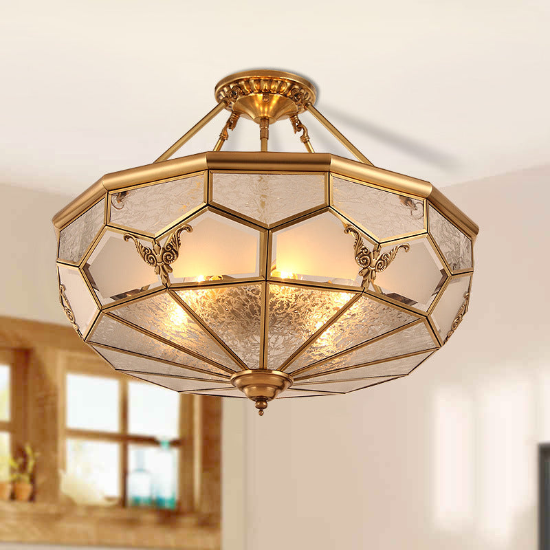 3/4-Light Frosted Glass Semi Flush Light Colonialist Brass Beveled Living Room Close to Ceiling Chandelier, 14"/18" W Clearhalo 'Ceiling Lights' 'Close To Ceiling Lights' 'Close to ceiling' 'Glass shade' 'Glass' 'Semi-flushmount' Lighting' 272053