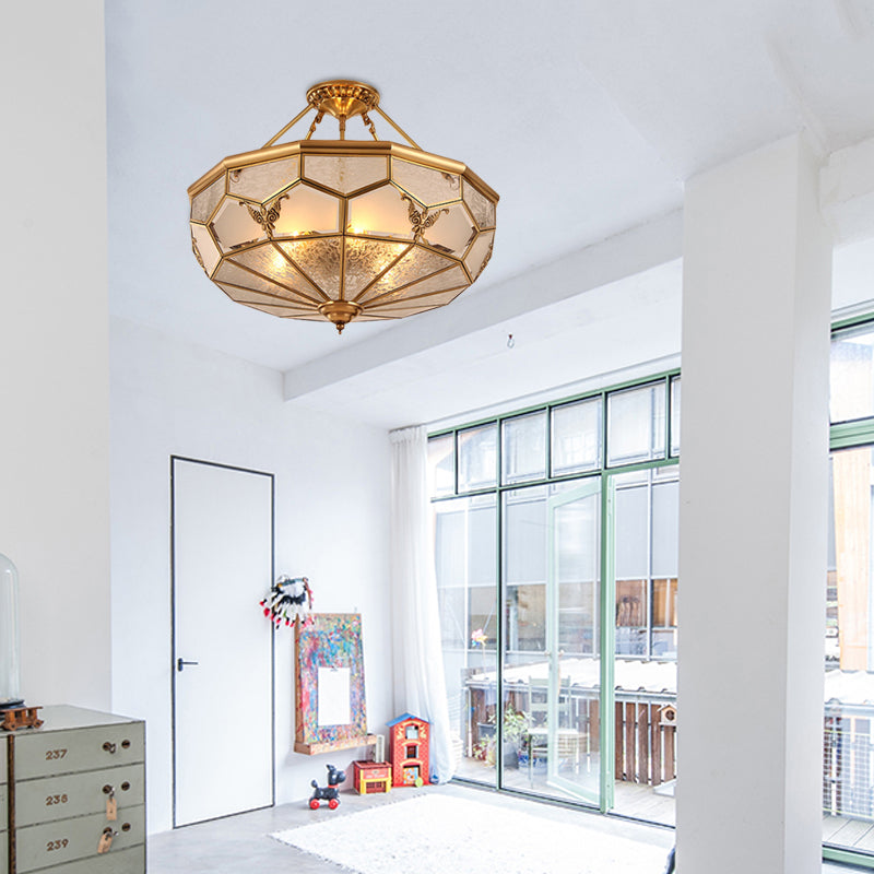3/4-Light Frosted Glass Semi Flush Light Colonialist Brass Beveled Living Room Close to Ceiling Chandelier, 14"/18" W Clearhalo 'Ceiling Lights' 'Close To Ceiling Lights' 'Close to ceiling' 'Glass shade' 'Glass' 'Semi-flushmount' Lighting' 272054
