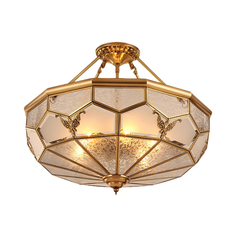 3/4-Light Frosted Glass Semi Flush Light Colonialist Brass Beveled Living Room Close to Ceiling Chandelier, 14"/18" W Clearhalo 'Ceiling Lights' 'Close To Ceiling Lights' 'Close to ceiling' 'Glass shade' 'Glass' 'Semi-flushmount' Lighting' 272055