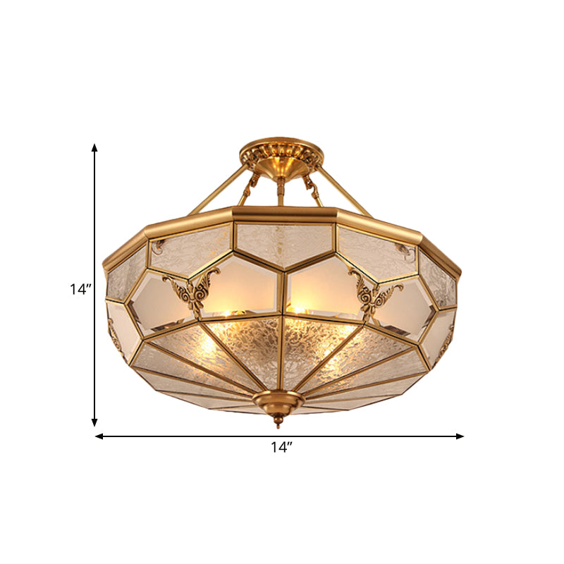 3/4-Light Frosted Glass Semi Flush Light Colonialist Brass Beveled Living Room Close to Ceiling Chandelier, 14"/18" W Clearhalo 'Ceiling Lights' 'Close To Ceiling Lights' 'Close to ceiling' 'Glass shade' 'Glass' 'Semi-flushmount' Lighting' 272056