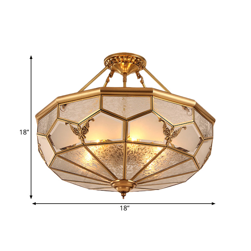 3/4-Light Frosted Glass Semi Flush Light Colonialist Brass Beveled Living Room Close to Ceiling Chandelier, 14"/18" W Clearhalo 'Ceiling Lights' 'Close To Ceiling Lights' 'Close to ceiling' 'Glass shade' 'Glass' 'Semi-flushmount' Lighting' 272057