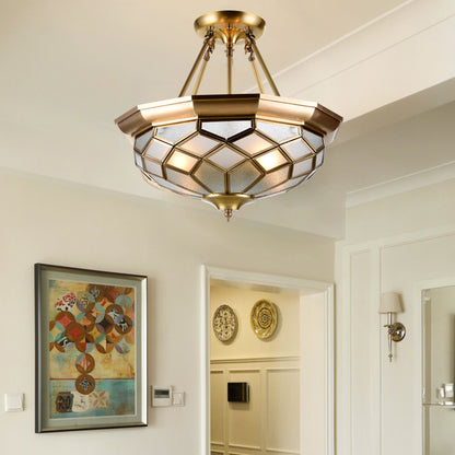 Colonial Dome Ceiling Light Fixture 4 Bulbs Seeded Glass Semi Mount Lighting in Brass for Dining Room Brass Clearhalo 'Ceiling Lights' 'Close To Ceiling Lights' 'Close to ceiling' 'Glass shade' 'Glass' 'Semi-flushmount' Lighting' 272058
