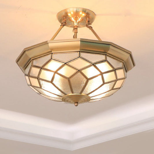 Colonial Dome Ceiling Light Fixture 4 Bulbs Seeded Glass Semi Mount Lighting in Brass for Dining Room Clearhalo 'Ceiling Lights' 'Close To Ceiling Lights' 'Close to ceiling' 'Glass shade' 'Glass' 'Semi-flushmount' Lighting' 272059