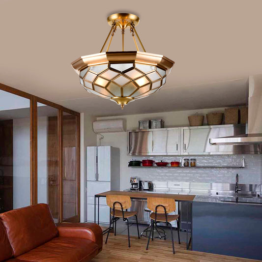 Colonial Dome Ceiling Light Fixture 4 Bulbs Seeded Glass Semi Mount Lighting in Brass for Dining Room Clearhalo 'Ceiling Lights' 'Close To Ceiling Lights' 'Close to ceiling' 'Glass shade' 'Glass' 'Semi-flushmount' Lighting' 272060