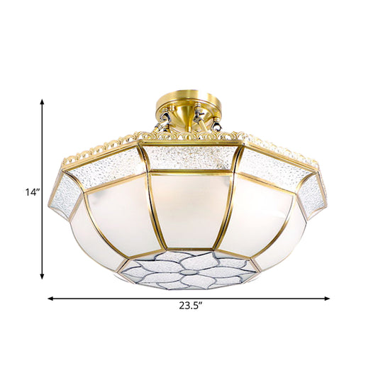 Brass 4 Lights Ceiling Lamp Colonialism Opal Blown Glass Dome Semi Flush Ceiling Light for Living Room Clearhalo 'Ceiling Lights' 'Close To Ceiling Lights' 'Close to ceiling' 'Glass shade' 'Glass' 'Semi-flushmount' Lighting' 272075
