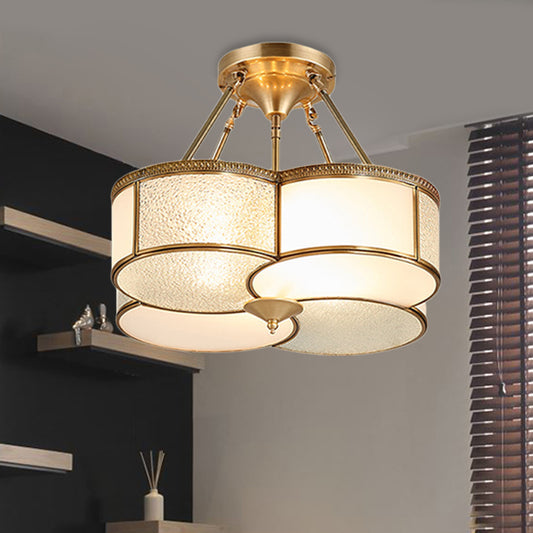 Opal Frosted Glass Brass Ceiling Flush Clover 4 Heads Colonialist Semi Flush Mount Chandelier for Dining Room Clearhalo 'Ceiling Lights' 'Close To Ceiling Lights' 'Close to ceiling' 'Glass shade' 'Glass' 'Semi-flushmount' Lighting' 272084