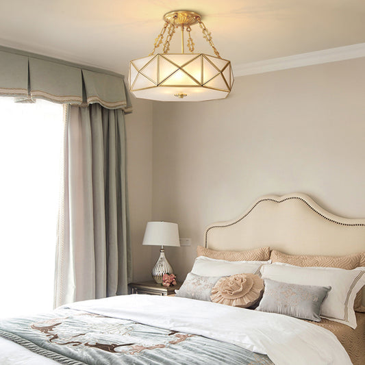 Colonial Drum Ceiling Mount Chandelier 4 Bulbs Frosted White Opal Glass Semi Flush Light Fixture in Brass for Bedroom Clearhalo 'Ceiling Lights' 'Close To Ceiling Lights' 'Close to ceiling' 'Glass shade' 'Glass' 'Semi-flushmount' Lighting' 272100