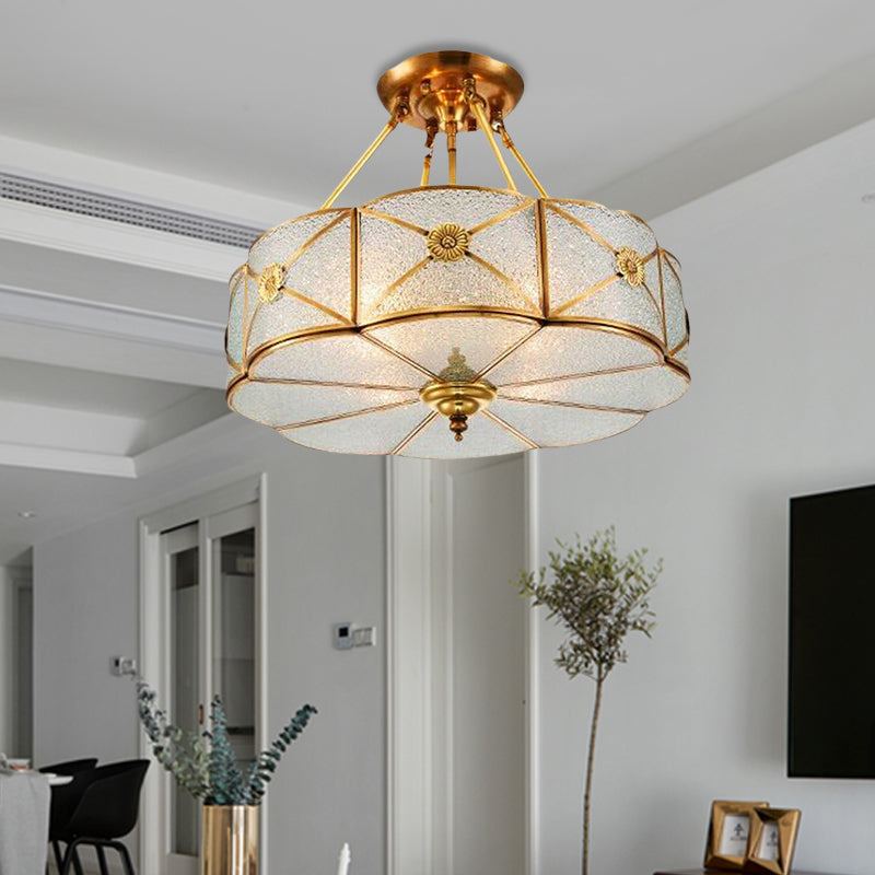3/4/6 Bulbs Scalloped Ceiling Flush Mount Colonial Brass Seedy Glass Semi Mount Lighting for Bedroom, 14"/18"/23.5" W Brass Clearhalo 'Ceiling Lights' 'Close To Ceiling Lights' 'Close to ceiling' 'Glass shade' 'Glass' 'Semi-flushmount' Lighting' 272105