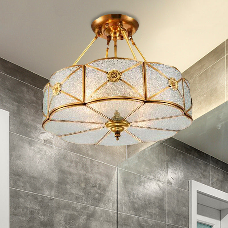 3/4/6 Bulbs Scalloped Ceiling Flush Mount Colonial Brass Seedy Glass Semi Mount Lighting for Bedroom, 14"/18"/23.5" W Clearhalo 'Ceiling Lights' 'Close To Ceiling Lights' 'Close to ceiling' 'Glass shade' 'Glass' 'Semi-flushmount' Lighting' 272106