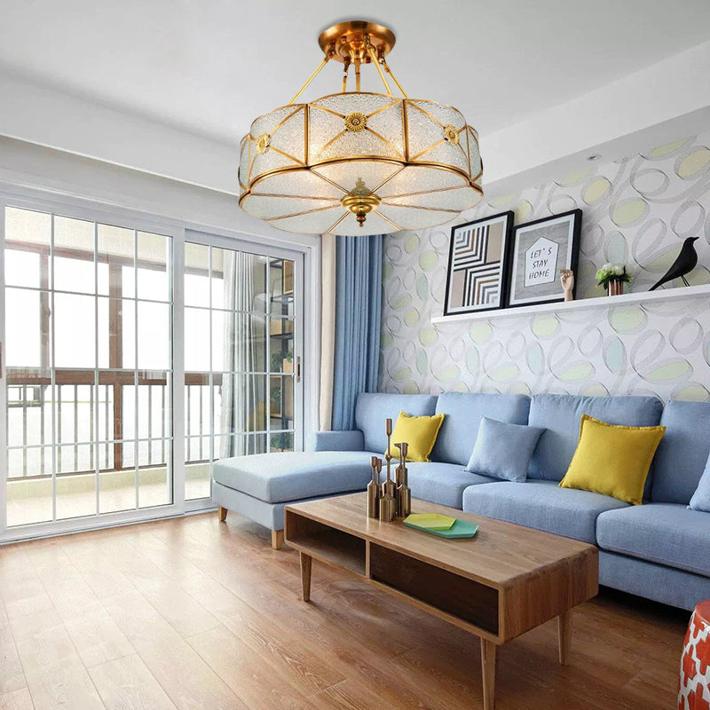 3/4/6 Bulbs Scalloped Ceiling Flush Mount Colonial Brass Seedy Glass Semi Mount Lighting for Bedroom, 14"/18"/23.5" W Clearhalo 'Ceiling Lights' 'Close To Ceiling Lights' 'Close to ceiling' 'Glass shade' 'Glass' 'Semi-flushmount' Lighting' 272107