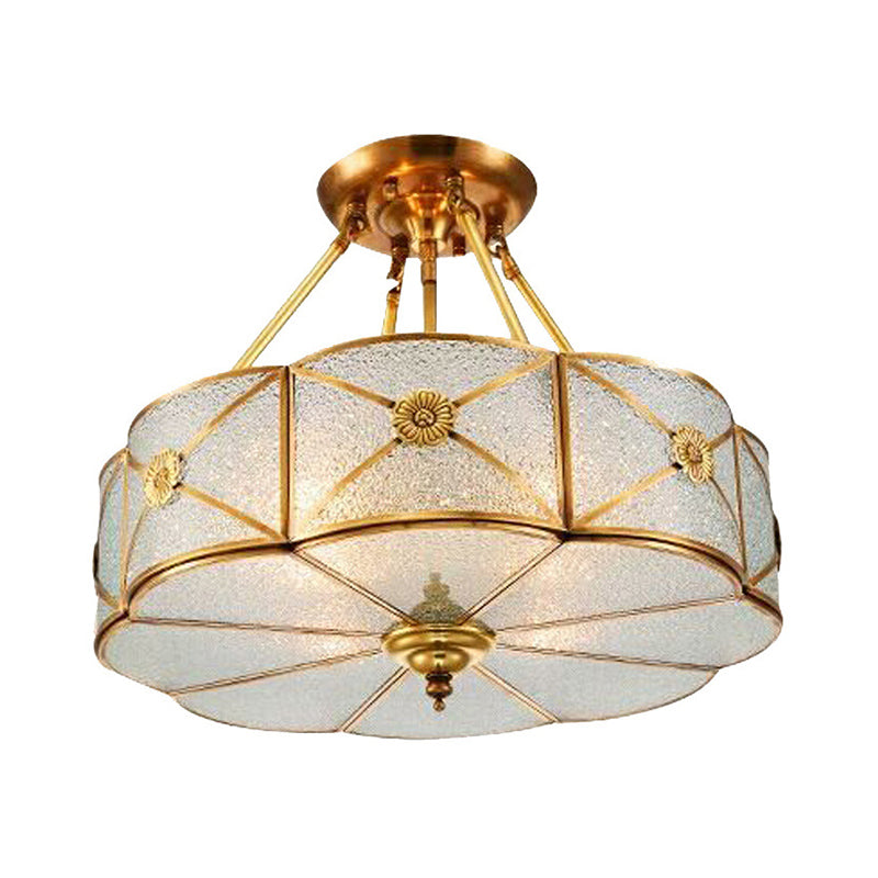 3/4/6 Bulbs Scalloped Ceiling Flush Mount Colonial Brass Seedy Glass Semi Mount Lighting for Bedroom, 14"/18"/23.5" W Clearhalo 'Ceiling Lights' 'Close To Ceiling Lights' 'Close to ceiling' 'Glass shade' 'Glass' 'Semi-flushmount' Lighting' 272108