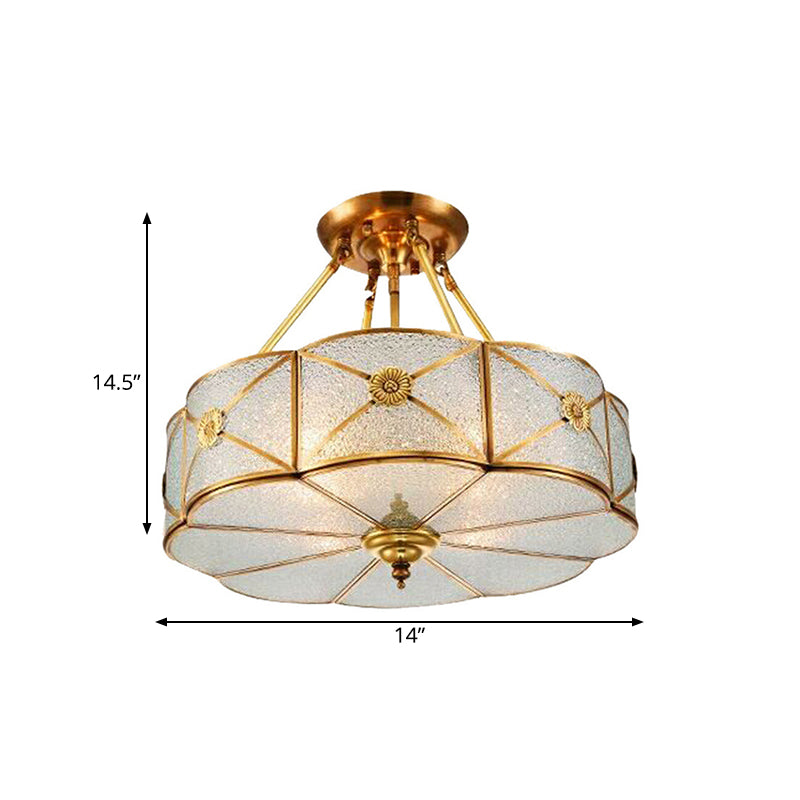 3/4/6 Bulbs Scalloped Ceiling Flush Mount Colonial Brass Seedy Glass Semi Mount Lighting for Bedroom, 14"/18"/23.5" W Clearhalo 'Ceiling Lights' 'Close To Ceiling Lights' 'Close to ceiling' 'Glass shade' 'Glass' 'Semi-flushmount' Lighting' 272109