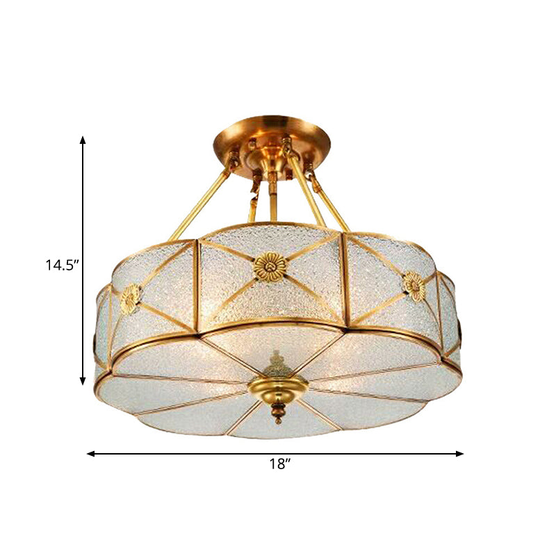 3/4/6 Bulbs Scalloped Ceiling Flush Mount Colonial Brass Seedy Glass Semi Mount Lighting for Bedroom, 14"/18"/23.5" W Clearhalo 'Ceiling Lights' 'Close To Ceiling Lights' 'Close to ceiling' 'Glass shade' 'Glass' 'Semi-flushmount' Lighting' 272110