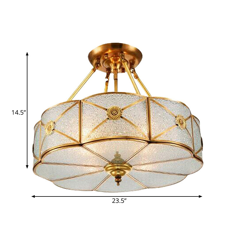 3/4/6 Bulbs Scalloped Ceiling Flush Mount Colonial Brass Seedy Glass Semi Mount Lighting for Bedroom, 14"/18"/23.5" W Clearhalo 'Ceiling Lights' 'Close To Ceiling Lights' 'Close to ceiling' 'Glass shade' 'Glass' 'Semi-flushmount' Lighting' 272111