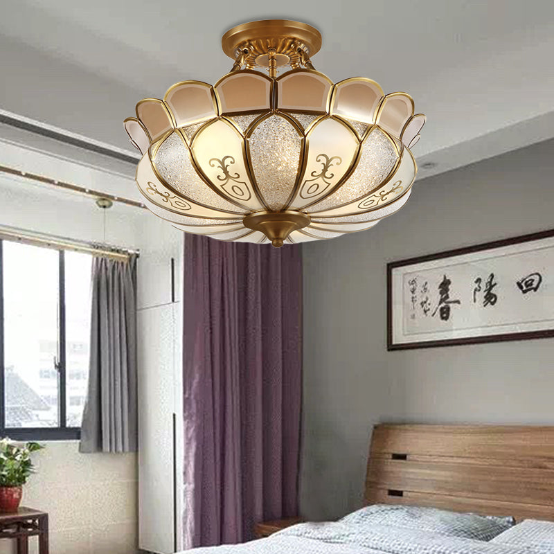 Scalloped Dining Room Semi-Flush Mount Colonial Opaque Glass 4 Bulbs Brass Ceiling Light Fixture Brass Clearhalo 'Ceiling Lights' 'Chandeliers' 'Close To Ceiling Lights' 'Close to ceiling' 'Glass shade' 'Glass' 'Semi-flushmount' Lighting' 272112