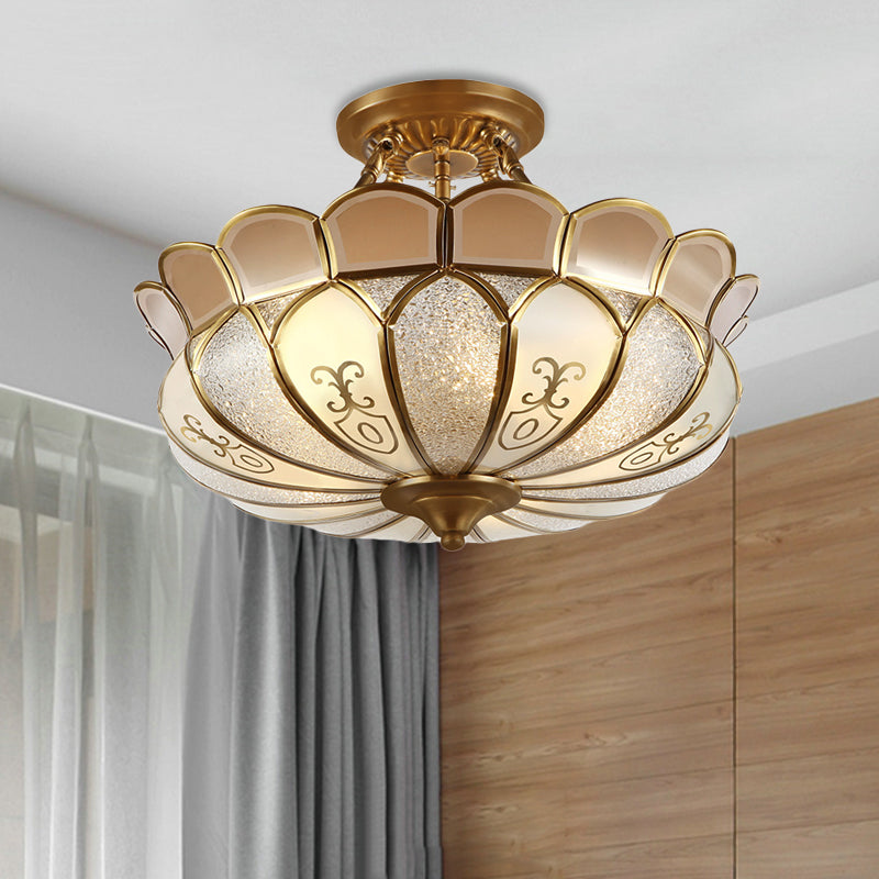 Scalloped Dining Room Semi-Flush Mount Colonial Opaque Glass 4 Bulbs Brass Ceiling Light Fixture Clearhalo 'Ceiling Lights' 'Chandeliers' 'Close To Ceiling Lights' 'Close to ceiling' 'Glass shade' 'Glass' 'Semi-flushmount' Lighting' 272113