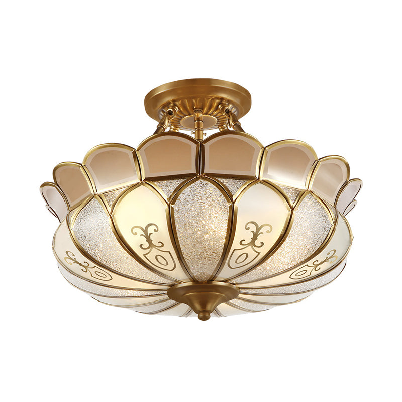 Scalloped Dining Room Semi-Flush Mount Colonial Opaque Glass 4 Bulbs Brass Ceiling Light Fixture Clearhalo 'Ceiling Lights' 'Chandeliers' 'Close To Ceiling Lights' 'Close to ceiling' 'Glass shade' 'Glass' 'Semi-flushmount' Lighting' 272115