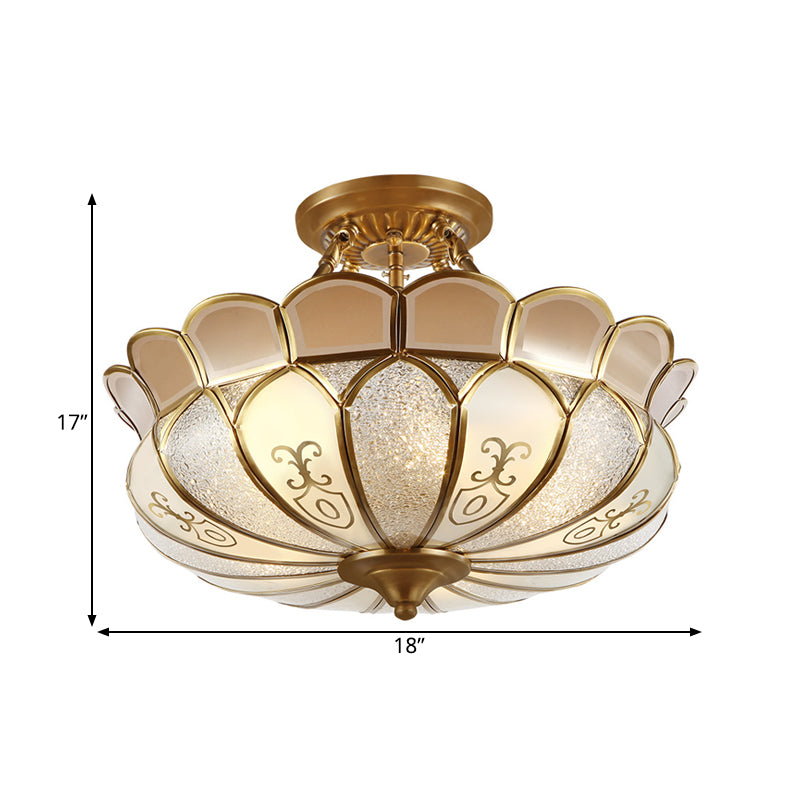 Scalloped Dining Room Semi-Flush Mount Colonial Opaque Glass 4 Bulbs Brass Ceiling Light Fixture Clearhalo 'Ceiling Lights' 'Chandeliers' 'Close To Ceiling Lights' 'Close to ceiling' 'Glass shade' 'Glass' 'Semi-flushmount' Lighting' 272116