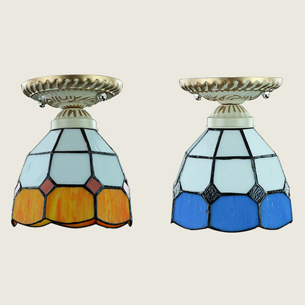 Dome Shape Ceiling Light Fixture Vintage Stained Glass 1 Light Ceiling Fixture in Orange/Blue for Hallway Clearhalo 'Ceiling Lights' 'Close To Ceiling Lights' 'Close to ceiling' 'Glass shade' 'Glass' 'Semi-flushmount' 'Tiffany close to ceiling' 'Tiffany' Lighting' 27215