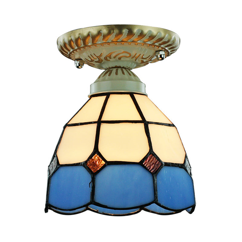 Dome Shape Ceiling Light Fixture Vintage Stained Glass 1 Light Ceiling Fixture in Orange/Blue for Hallway Clearhalo 'Ceiling Lights' 'Close To Ceiling Lights' 'Close to ceiling' 'Glass shade' 'Glass' 'Semi-flushmount' 'Tiffany close to ceiling' 'Tiffany' Lighting' 27216