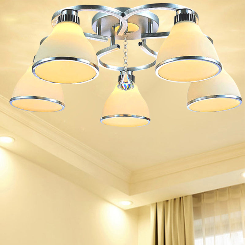 Cone Semi Flush Modern Crystal 5 Lights Living Room Semi Flush Ceiling Light in Chrome with Opal Glass Shade Clearhalo 'Ceiling Lights' 'Close To Ceiling Lights' 'Close to ceiling' 'Semi-flushmount' Lighting' 272160