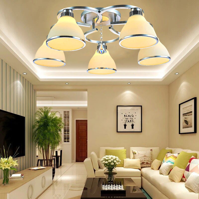 Cone Semi Flush Modern Crystal 5 Lights Living Room Semi Flush Ceiling Light in Chrome with Opal Glass Shade Clearhalo 'Ceiling Lights' 'Close To Ceiling Lights' 'Close to ceiling' 'Semi-flushmount' Lighting' 272161