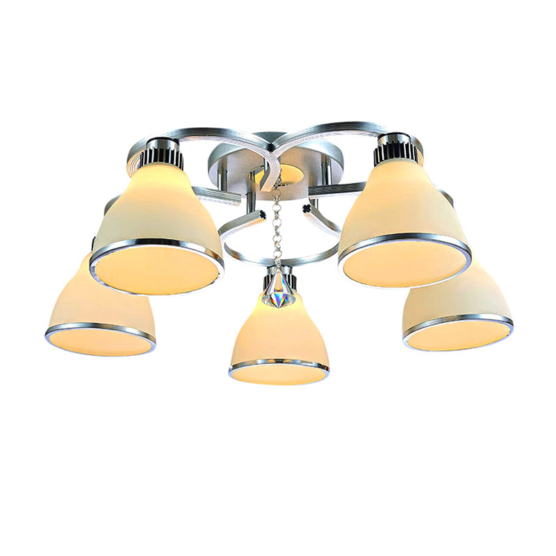 Cone Semi Flush Modern Crystal 5 Lights Living Room Semi Flush Ceiling Light in Chrome with Opal Glass Shade Clearhalo 'Ceiling Lights' 'Close To Ceiling Lights' 'Close to ceiling' 'Semi-flushmount' Lighting' 272162