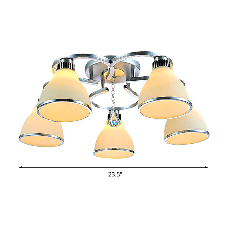 Cone Semi Flush Modern Crystal 5 Lights Living Room Semi Flush Ceiling Light in Chrome with Opal Glass Shade Clearhalo 'Ceiling Lights' 'Close To Ceiling Lights' 'Close to ceiling' 'Semi-flushmount' Lighting' 272163
